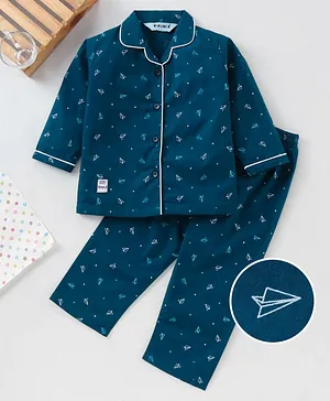Enfance Full Sleeves Paper Plane Printed Night Suit - Navy Blue