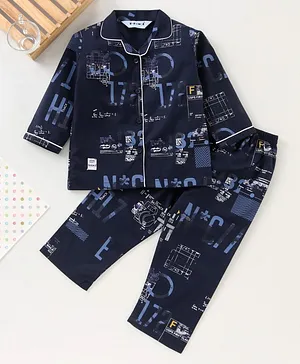 Enfance Full Sleeves Alpha Numeric Printed Night Suit - Navy Blue