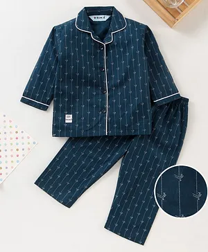 Enfance Full Sleeves Striped Night Suit - Navy Blue