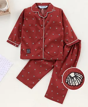 Enfance Full Sleeves Shells Printed Night Suit - Red