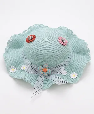 Babyhug Straw Hat With Flower & Ribbon Bow Applique - Blue