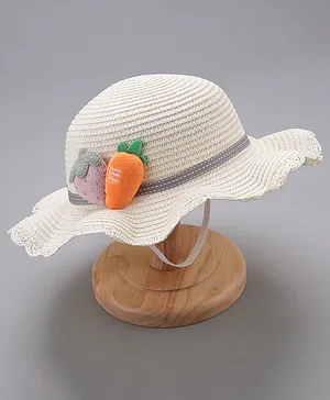 Babyhug Straw Hat With Strawberry & Carrot Applique - Off White