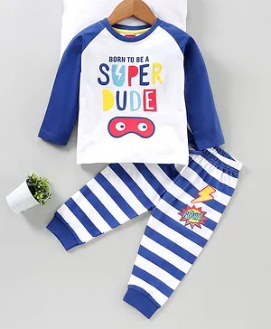 Babyhug Full Sleeves Night Suit Super Dude Print - Navy Blue White