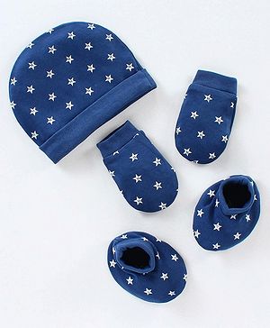 Babyhug 100% Cotton Cap Mittens & Booties Set Star Print - Blue