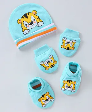 Babyhug 100% Cotton Cap, Mittens & Booties Set Tiger Print - Blue Yellow