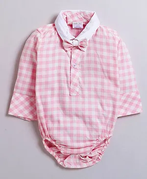 Polka Tots Full Sleeves Checked Party Wear Onesie With Bow Tie - Pink