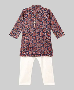 IndiUrbane Full Sleeves Ethnic Floral Print Kurta With Pajama - Navy Blue & Red