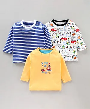 Kidi Wav Full Sleeves Stripes And Cars Print Tees Pack of 3 - Blue White And Yellow