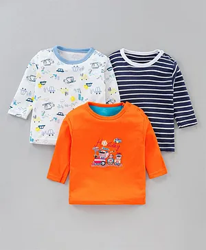 Kidi Wav Full Sleeves Animals Stripes And Cars Print Tees Pack of 3 - Orange Blue And White