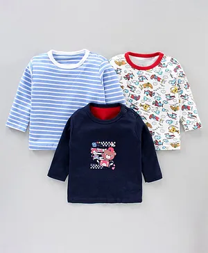 Kidi Wav Full Sleeves Stripes And Cars Print Tees Pack Of 3 - Blue White And Navy Blue