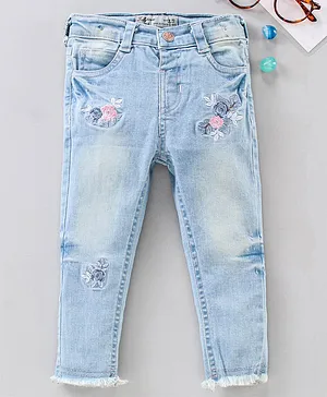 ToffyHouse Full Length Denim Jeans with Floral Embroidery - Light Blue
