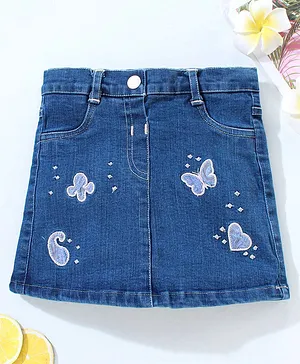 ToffyHouse Knee Denim Skirt Butterfly Embroidered - Blue