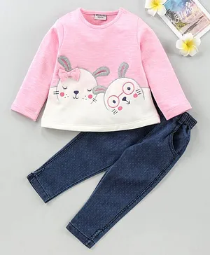 Wonderchild Full Sleeves Bunny Embroidery Detailing Top With Jeans - Pink & Blue
