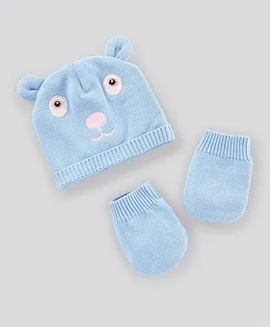Bonfino Cotton Cap and Mittens Set Embroidered - Powder Blue