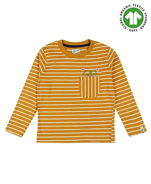 Lilly + Sid 100% Cotton Full Sleeves Striped T-Shirt with Floral Embroidery and Pocket - Yellow