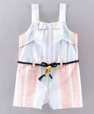 Orrigany Sleeveless Vertical Striped Jumpsuit with Front Bow & Tie Up - Peach Blue