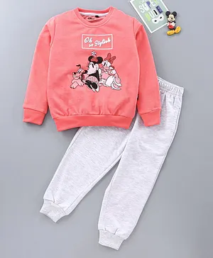 Hoppipola Full Sleeves Minnie And Daisy Print Sweatshirt And Solid Joggers - Peach