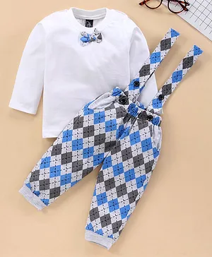 Jb Club Argyle Print Dungaree With Full Sleeves Bow Tie Applique Tee - Blue And White