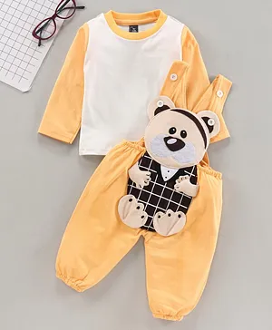 Jb Club Bear Applique Dungaree And Full Sleeves Color-Block Tee - Yellow And White