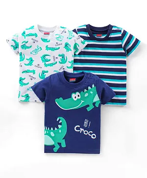 Babyhug Half Sleeves T-Shirts Crocodile & Stripes Print Set of 3 - Blue White