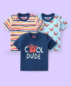 Babyhug Half Sleeves Tees Pack of 3 - Light & Dark Blue Multicolour