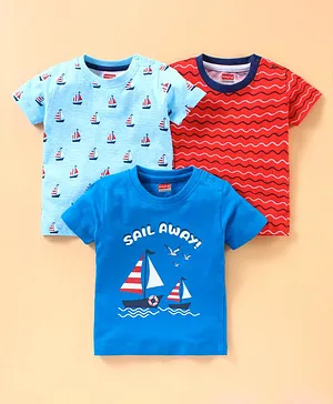 Babyhug Half Sleeves Tees Ship Print Pack of 3 - Sky & Royal Blue Red
