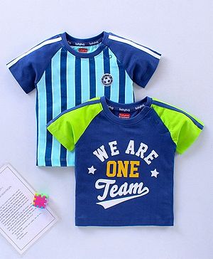 Babyhug Half Sleeves T-Shirts Text & Stripes Print Set of 2 - Blue