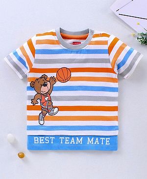 Babyhug Half Sleeves T-Shirt Bear & Stripes Print - Multicolour