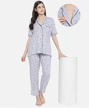Aujjessa Half Sleeves All Over Flower Print Maternity Night Suit - Grey