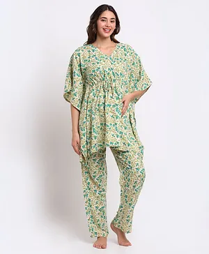 Aujjessa Three Fourth Sleeves Floral Print Kaftan Style Maternity Night Suit - Lemon Green