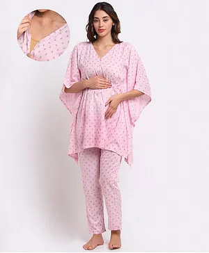 Aujjessa Three Fourth Sleeves Printed Kaftan Maternity Night Suit - Light Pink