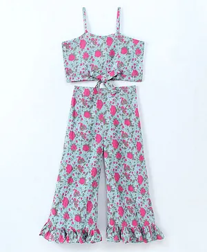 Eimoie Sleeveless Floral Print Crop Top With Palazzo - Sea Green