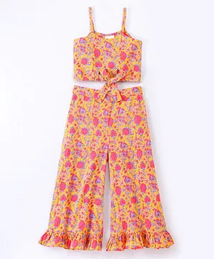 Eimoie Sleeveless Floral Print Crop Top With Palazzo - Yellow