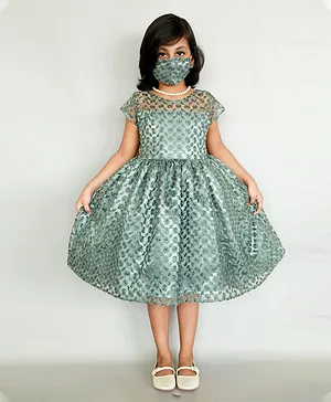 HEYKIDOO Short Sleeves Floral Embellished Dress With Matching Face Mask - Green