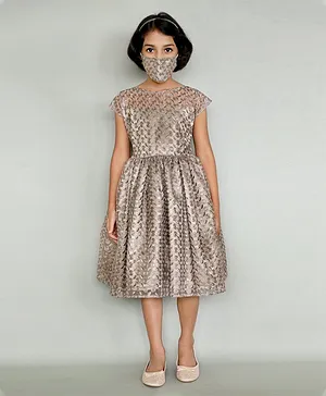 HEYKIDOO Short Sleeves Floral Embellished Dress With Matching Face Mask - Beige