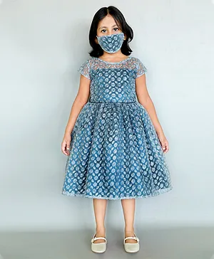 HEYKIDOO Short Sleeves Floral Embellished Dress With Matching Face Mask - Blue