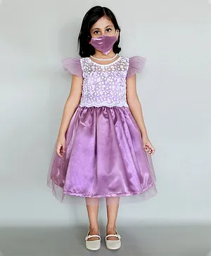 HEYKIDOO Cap Sleeves Floral Lace Dress With Matching Mask - Purple
