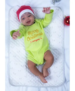 COCOON ORGANICS 100% Organic Cotton Full Sleeves Merry Christmas Onesie With Cap - Green