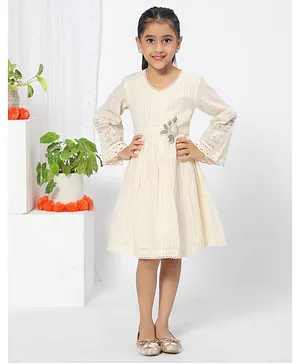 Mini Chic Full Sleeves Flower Embroidery Fit & Flared Dress - Off White