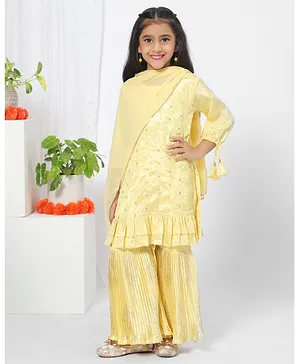 Mini Chic Full Sleeves Ruffled Mirror Work Kurta Sharara Set - Yellow