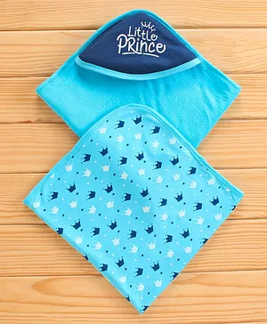 Babyhug Knit Terry Towel Crown Print Pack Of 2 - Blue 