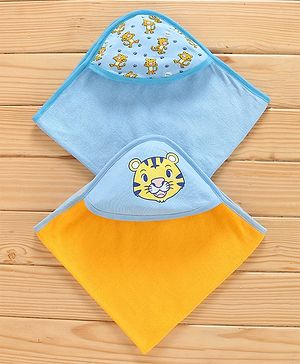Babyhug Cotton Hooded Towels Tiger Print Pack of 2 - Yellow and Blue