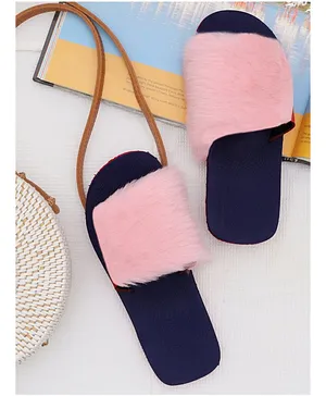 D'chica Fur Trimmings Slippers - Blue Pink