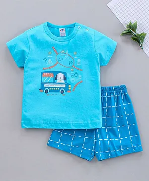 Zero Half Sleeves T-Shirt and Shorts Set Puppy Print - Aqua Blue
