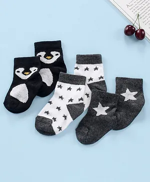 Cute Walk by Babyhug Cotton Blend Ankle Length Anti Bacterial Socks Penguin Design Pack of 3 - Black