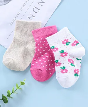 Cute Walk by Babyhug Ankle Length Antibacterial Socks Floral And Pattern Design Pack Of 3 - Pink White
