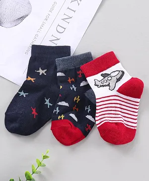 Cute Walk by Babyhug Ankle Length Antibacterial Socks Star And Aeroplane Design Pack Of 3 - Blue Red