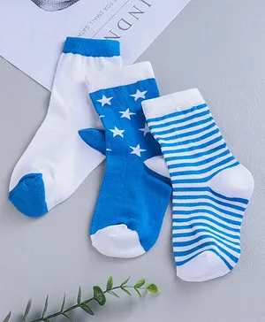 Cute Walk by Babyhug Mid Calf Length Anti Bacterial Socks Star Design Pack of 3 - Blue White