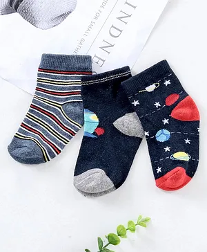 Cute Walk by Babyhug Ankle Length Antibacterial Cotton Socks Galaxy And Stripe Design Pack Of 3 - Blue Grey Red