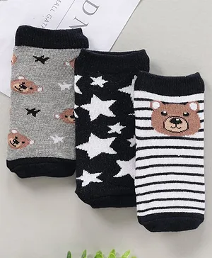 Cute Walk by Babyhug Ankle Length Antibacterial Socks Bear Stripe And Star Design Pack Of 3 - Black White Brown